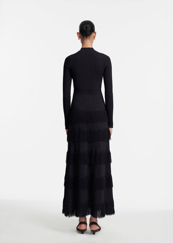 Lela Rose Fringe Detail Knit Piper Dress Black