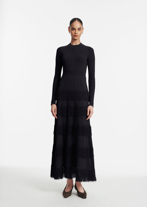 lela rose Fringe Detail Knit Piper Dress Black