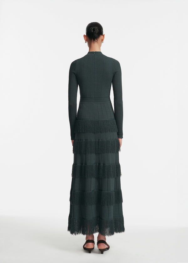 Lela Rose Fringe Detail Knit Piper Dress Teal