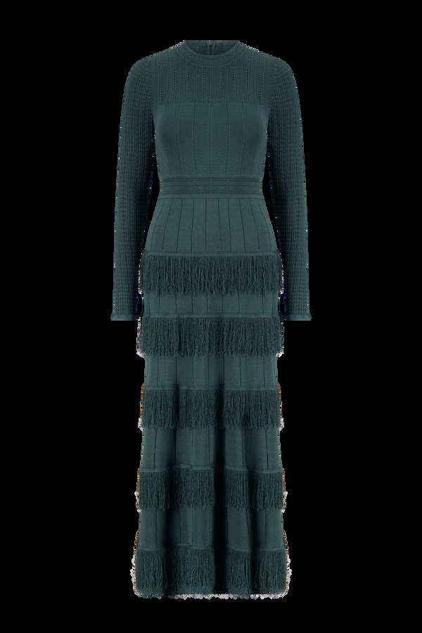 Lela Rose Fringe Detail Knit Piper Dress Teal