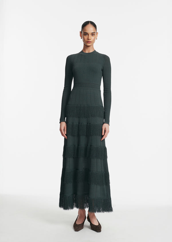 lela rose Fringe Detail Knit Piper Dress Teal