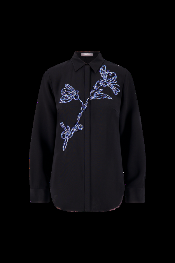 Lela Rose Ikat Floral Embroidered Shirt Black