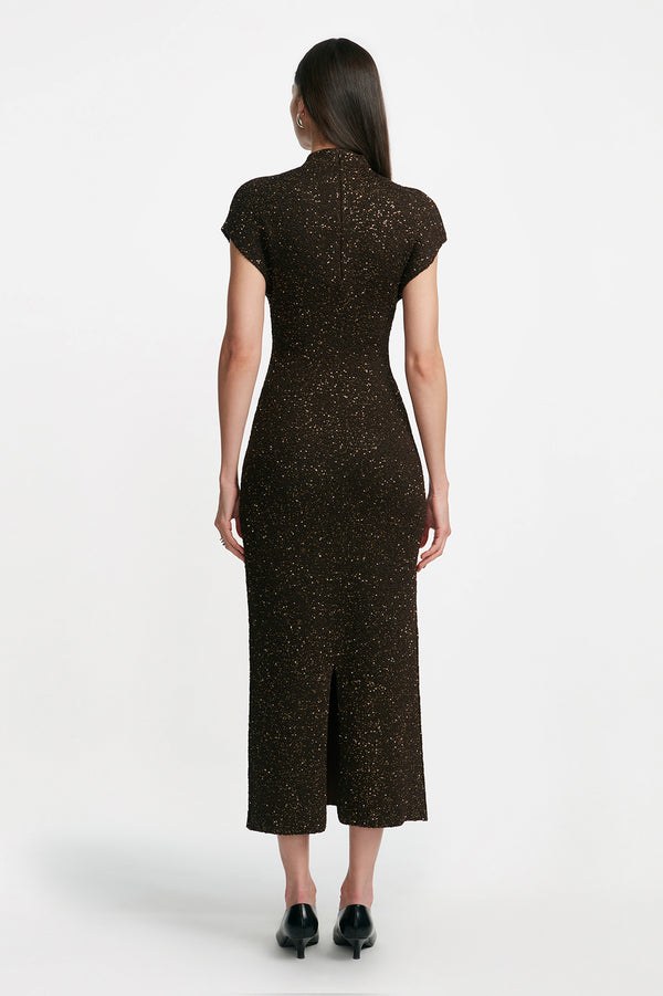 Lela Rose Sequin Knit Mock Neck Dress Chocolate