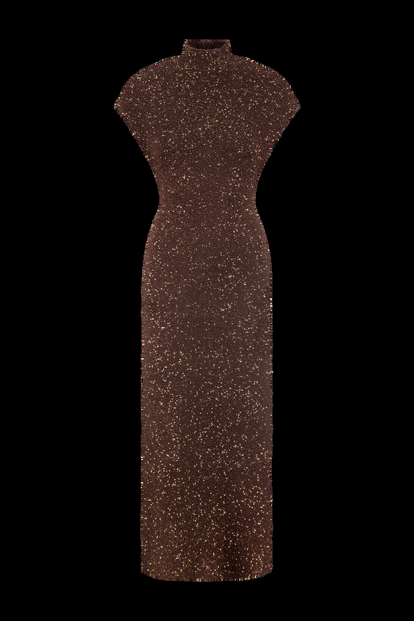 Lela Rose Sequin Knit Mock Neck Dress Chocolate