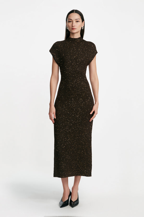 lela rose Sequin Knit Mock Neck Dress Chocolate