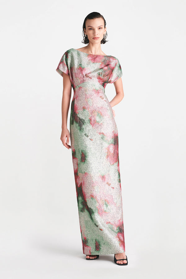 Lela Rose Watercolor Jacquard Boatneck Gown Multi