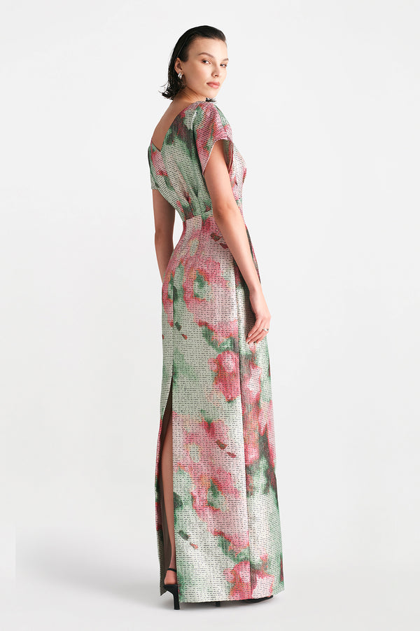 Lela Rose Watercolor Jacquard Boatneck Gown Multi