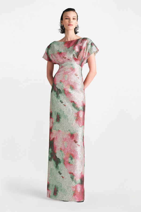 lela rose Watercolor Jacquard Boatneck Gown Multi