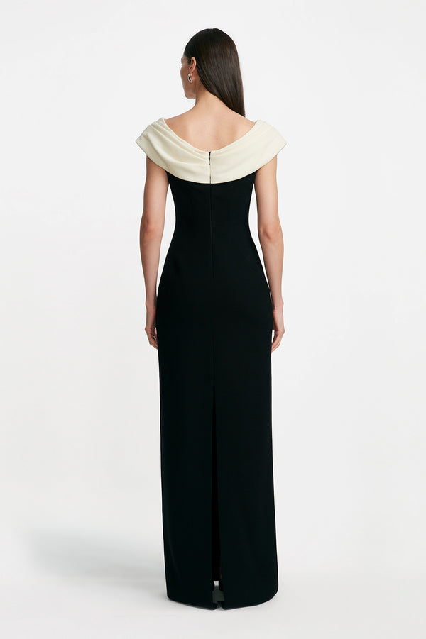 Lela Rose Wool Crepe Cowl Neck Gown Black/Cream