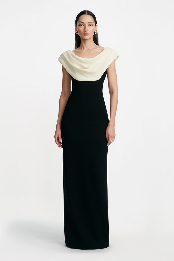 lela rose Wool Crepe Cowl Neck Gown Black/Cream