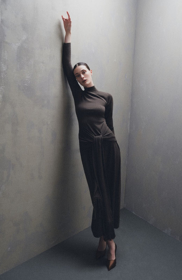 Lela Rose Merino Wool Knit Mock Neck Wrap Dress Cocoa