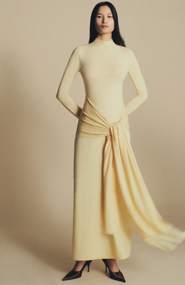 Lela Rose Merino Wool Knit Mock Neck Wrap Dress Sunlight