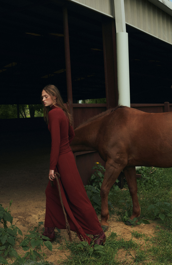 Lela Rose Merino Wool Knit Mock Neck Wrap Dress Wine