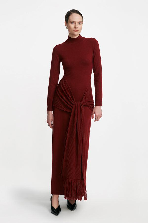 lela rose Merino Wool Knit Mock Neck Wrap Dress Wine