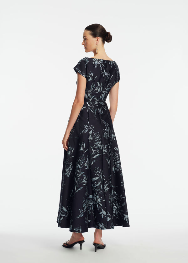 Lela Rose Metallic Floral Jacquard Seam Detail Dress Navy