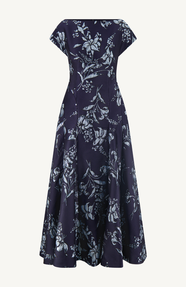Lela Rose Metallic Floral Jacquard Seam Detail Dress Navy