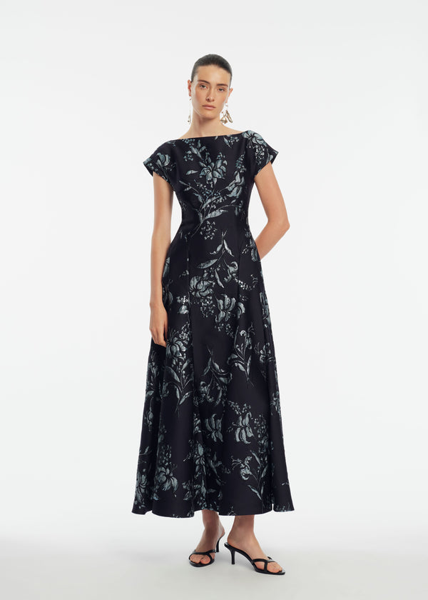 lela rose Metallic Floral Jacquard Seam Detail Dress Navy