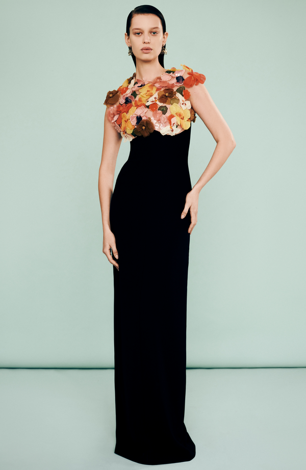 Lela Rose Mixed Media Floral Embroidery Cap Sleeve Gown Black Multi