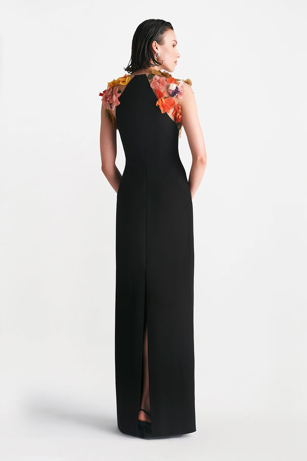 Lela Rose Mixed Media Floral Embroidery Cap Sleeve Gown Black Multi