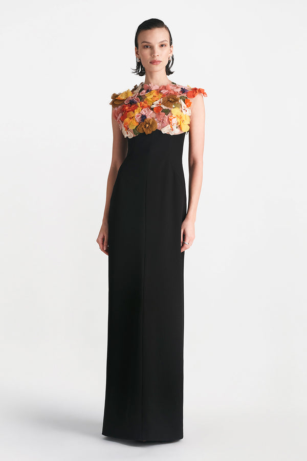 lela rose Mixed Media Floral Embroidery Cap Sleeve Gown Black Multi