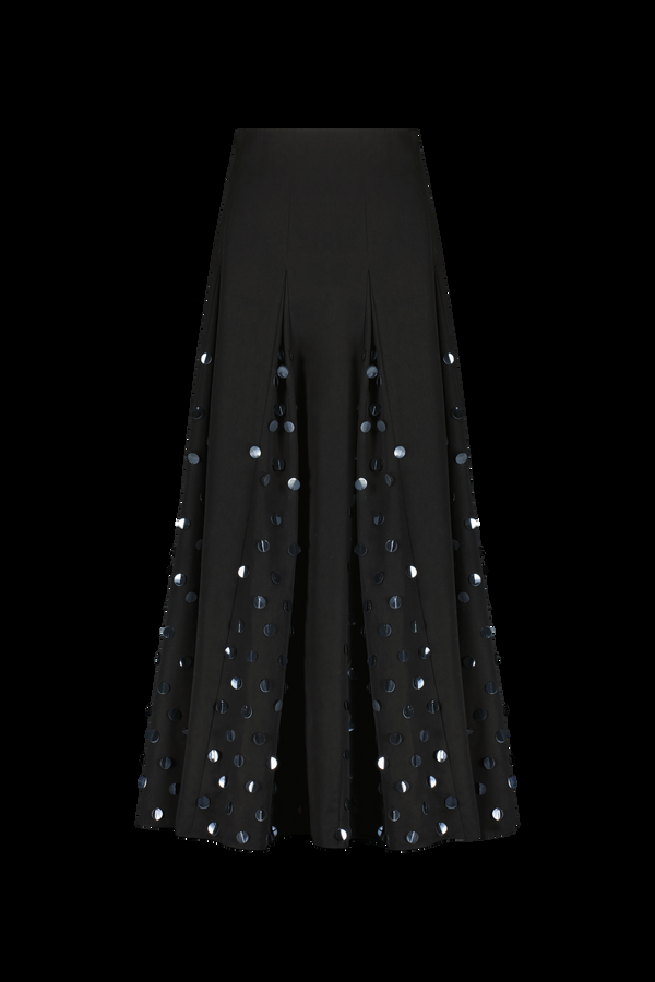 Lela Rose Paillette Embroidered Cotton Poplin Godet Skirt Black
