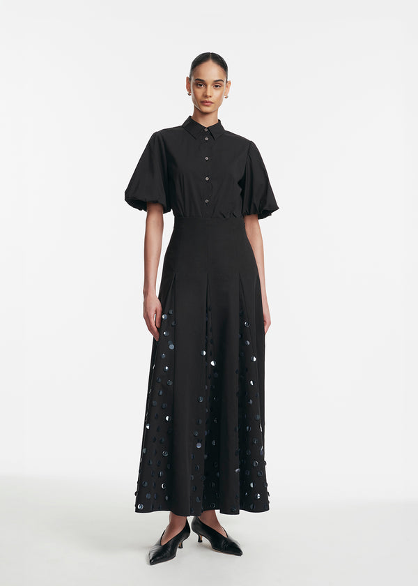 lela rose Paillette Embroidered Cotton Poplin Godet Skirt Black