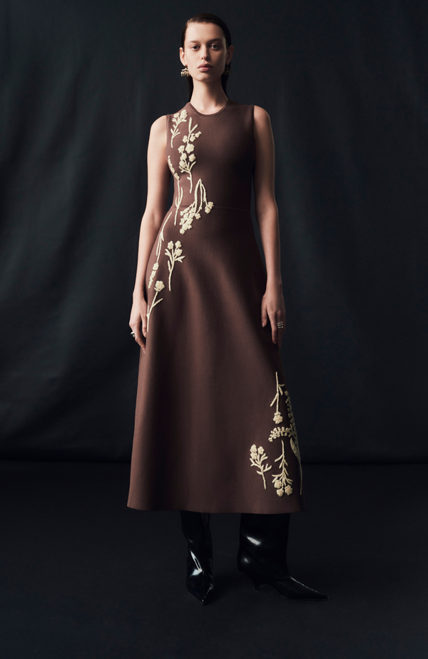 Lela Rose Raffia Embroidered Knit Hailey Dress Chocolate