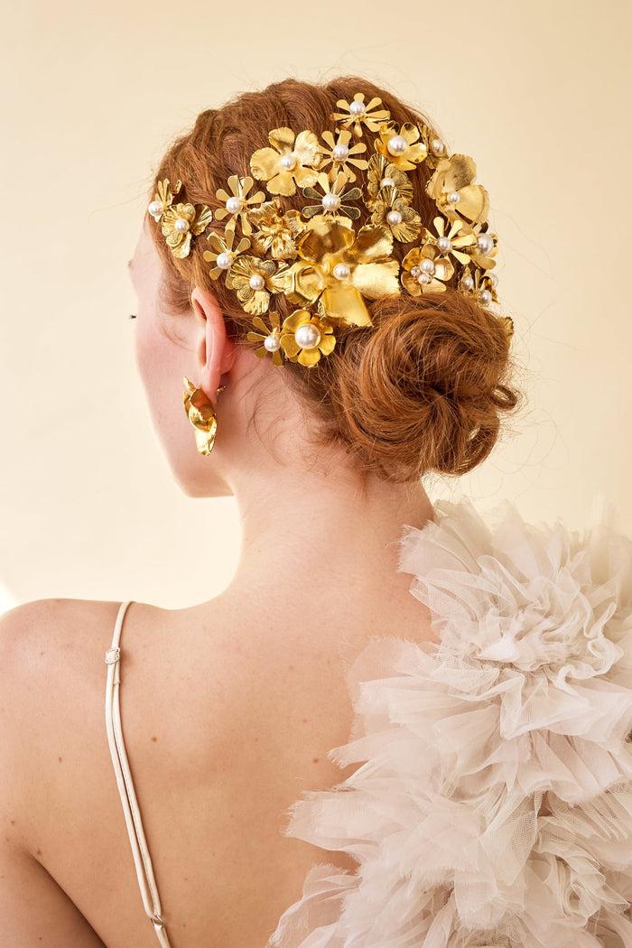 Lelet Ny Philippa Pearl And Crystal Flower Clip Set Of 3 14K Gold Plate