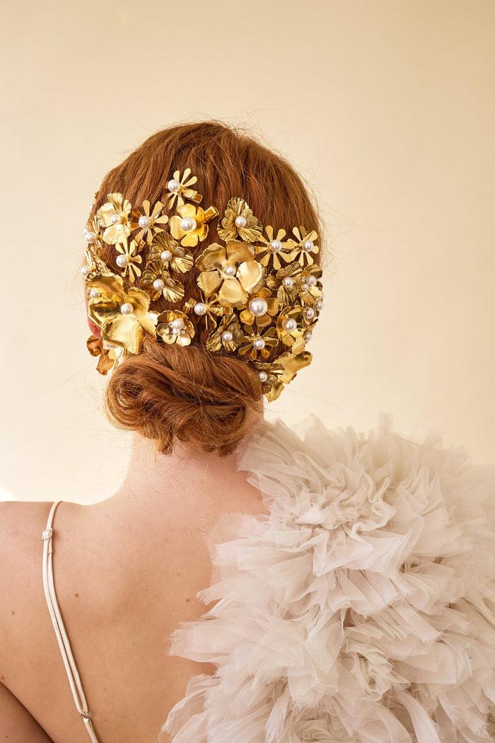 Lelet Ny Philippa Pearl And Crystal Flower Clip Set Of 3 14K Gold Plate