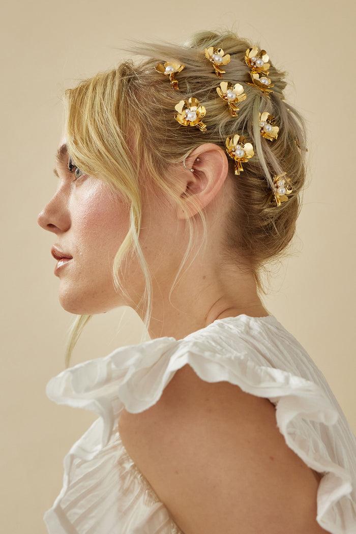 Lelet Ny Philippa Pearl And Crystal Flower Clip Set Of 3 14K Gold Plate