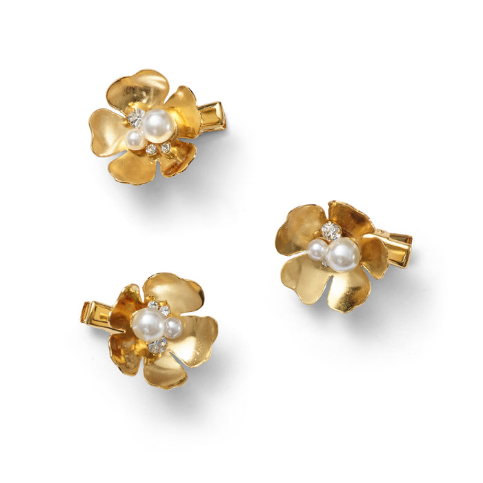 lelet ny Philippa Pearl and Crystal Flower Clip Set of 3 14K Gold Plate