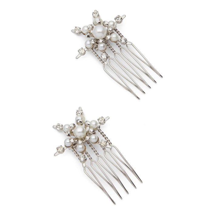 lelet ny Starlet Pearl and Crystal Mini Comb Set of 2 RHODIUM