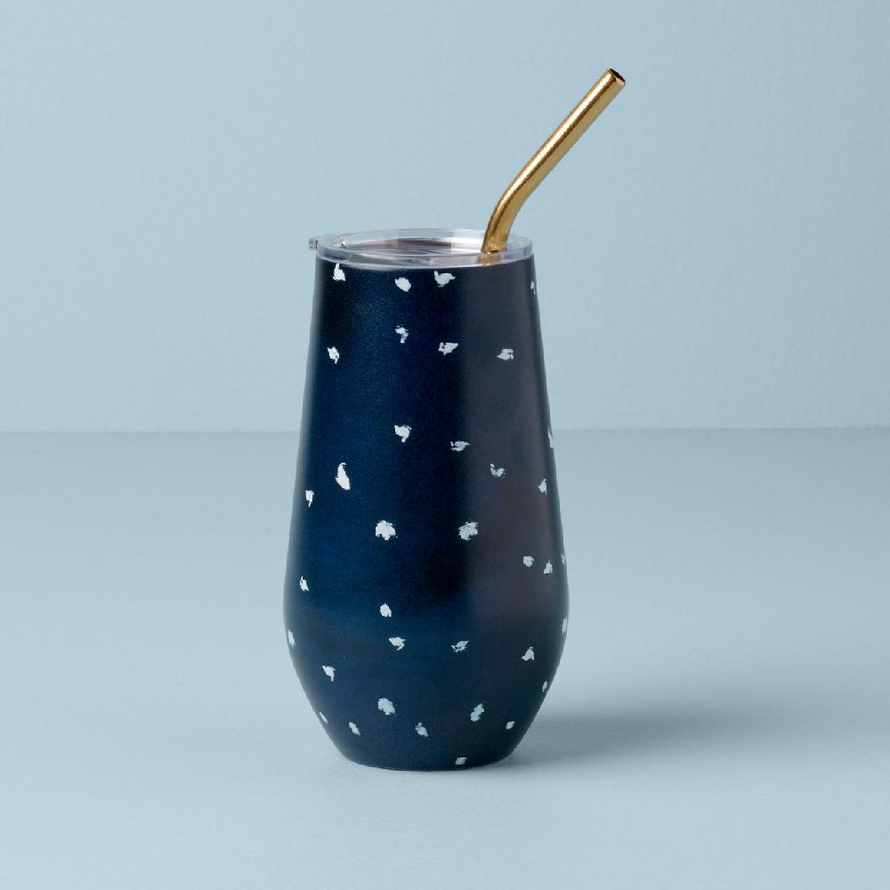 lenox Blue Bay Dot Stainless Steel Wine Tumbler & Straw