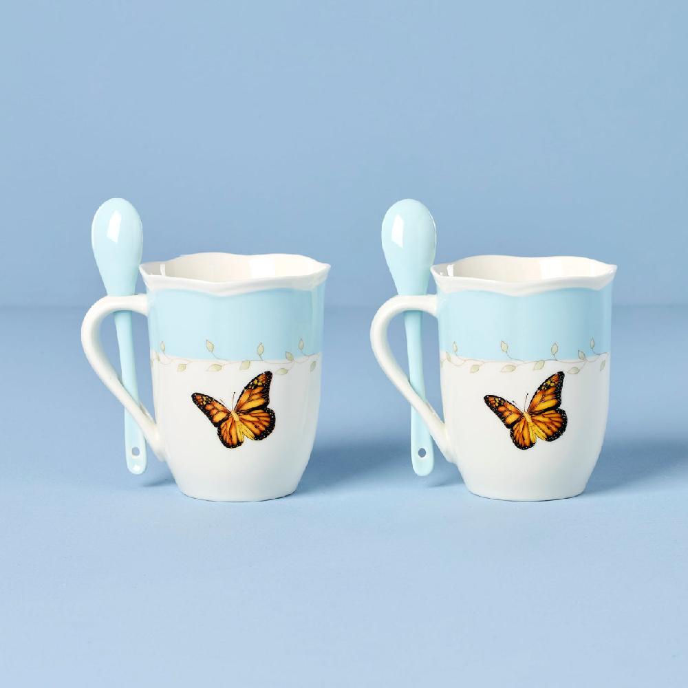 Lenox Butterfly Meadow Blue Mugs With Spoons - Set Of 2