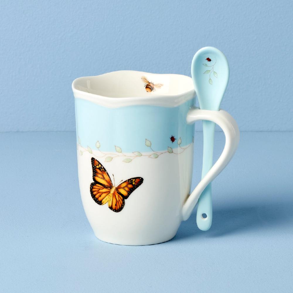 Lenox Butterfly Meadow Blue Mugs With Spoons - Set Of 2