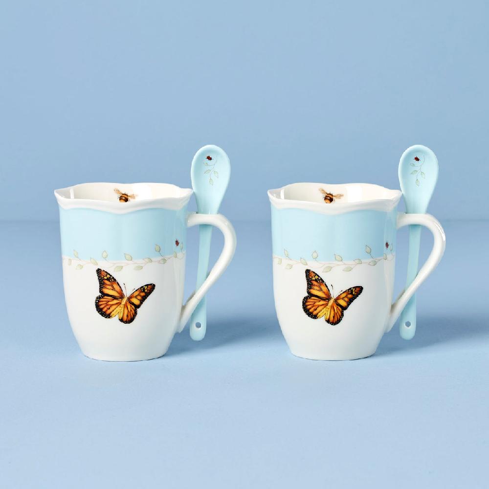lenox Butterfly Meadow Blue Mugs With Spoons - Set of 2