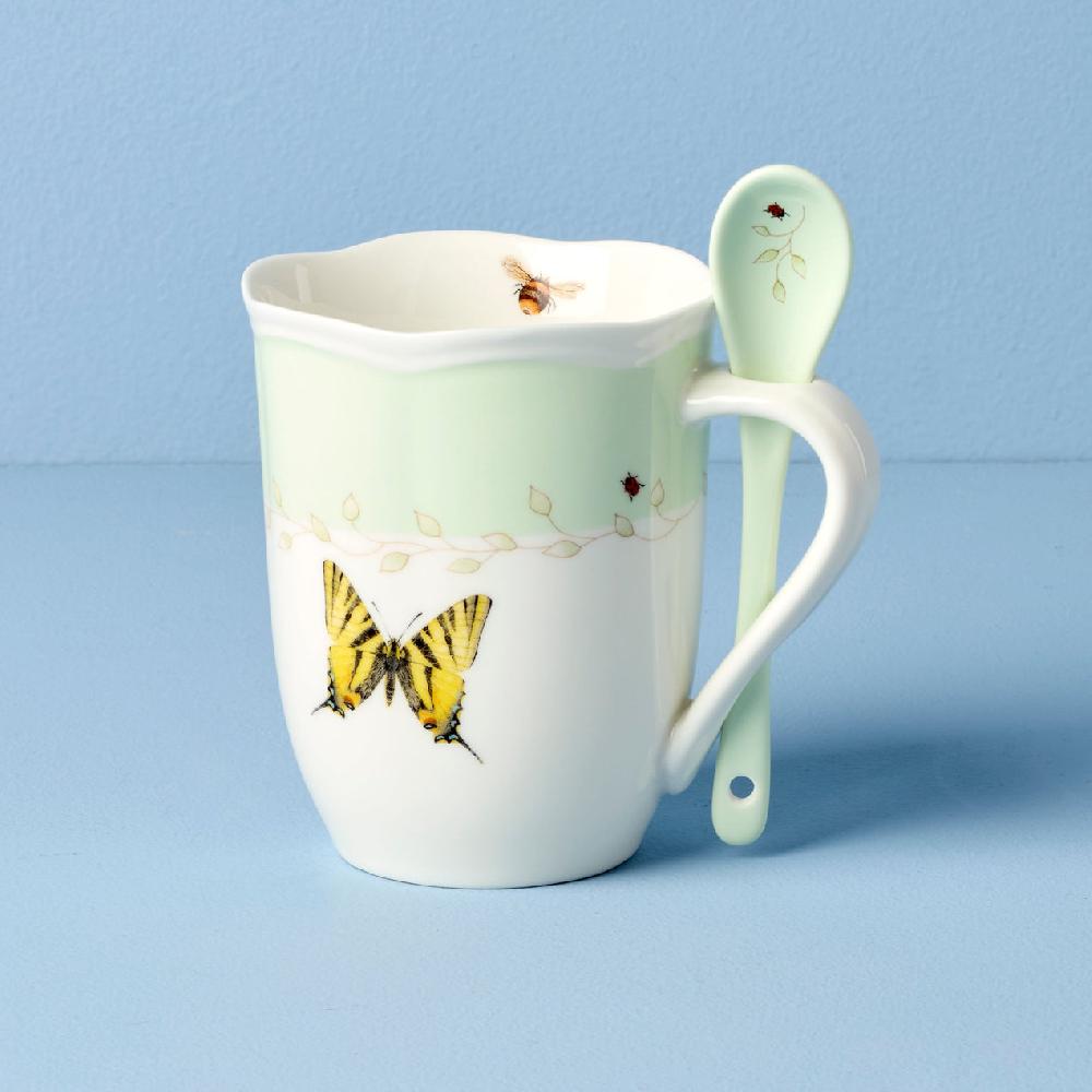 Lenox Butterfly Meadow Green Mugs With Spoons - Set Of 2