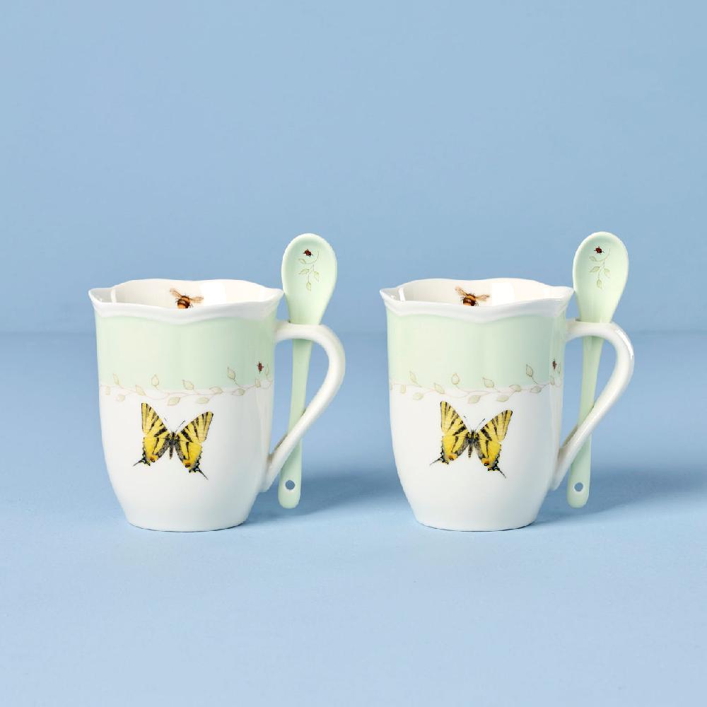 lenox Butterfly Meadow Green Mugs With Spoons - Set of 2
