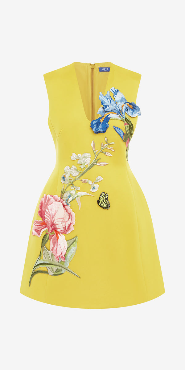 leo lin Bree V Neck Embroidery Mini Dress