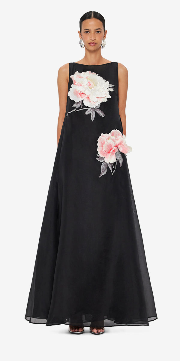 Leo Lin Yumei Appliqué Floral Open Back Gown