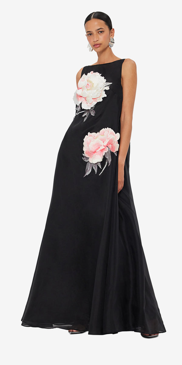Leo Lin Yumei Appliqué Floral Open Back Gown