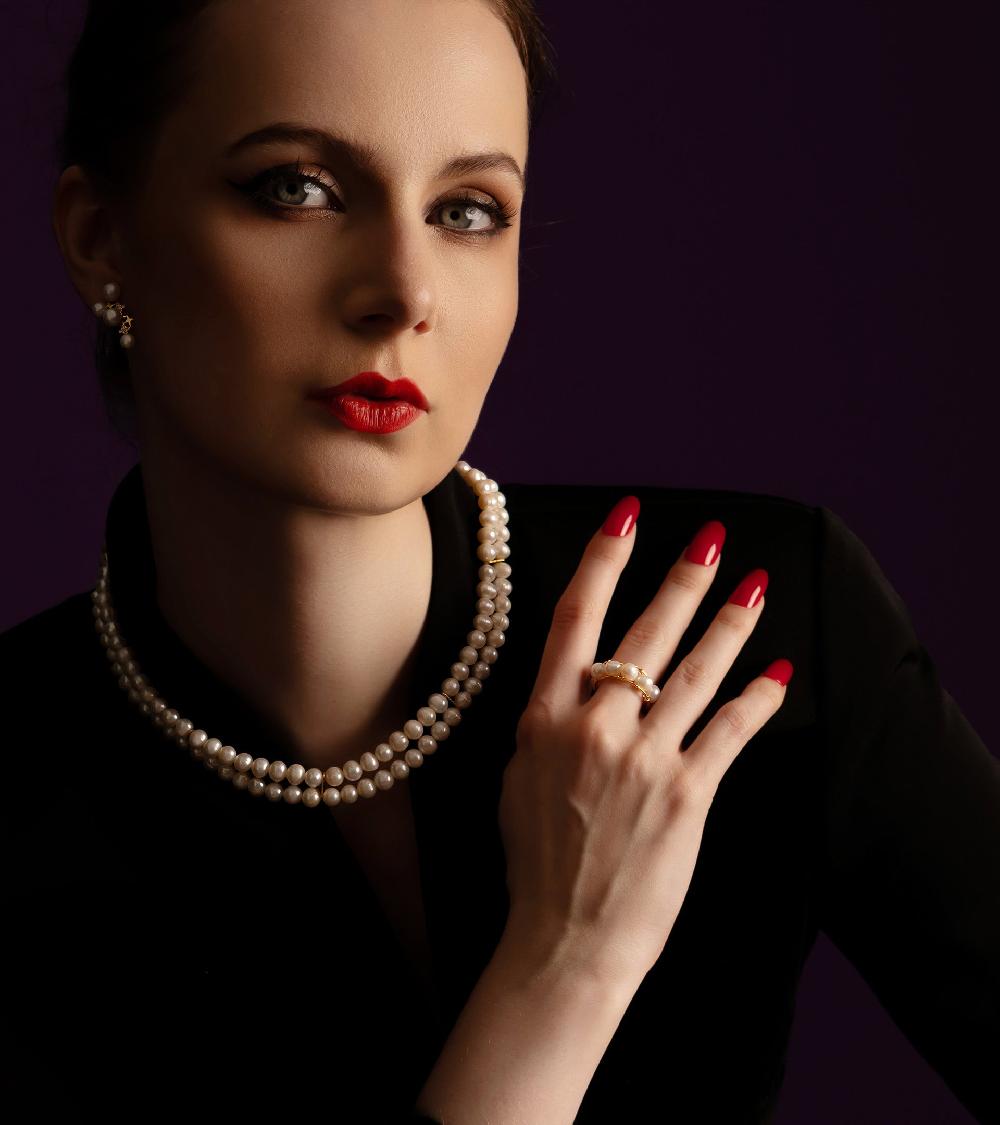 Les Basiles BAGUE MERCEDES En Perles D'Akoya Montées Sur Argent Sterling 925 Plaqué Or 18 Carats