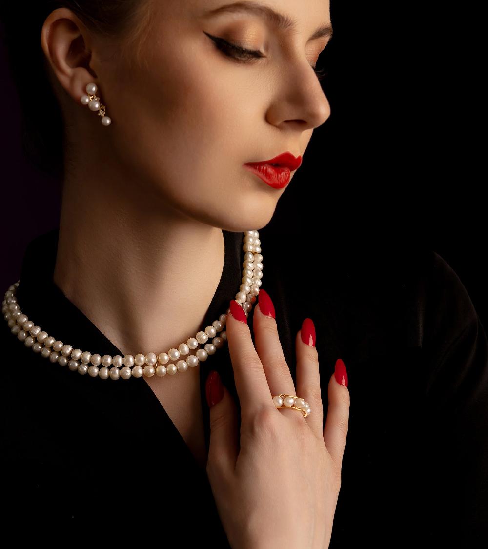 Les Basiles BAGUE MERCEDES En Perles D'Akoya Montées Sur Argent Sterling 925 Plaqué Or 18 Carats