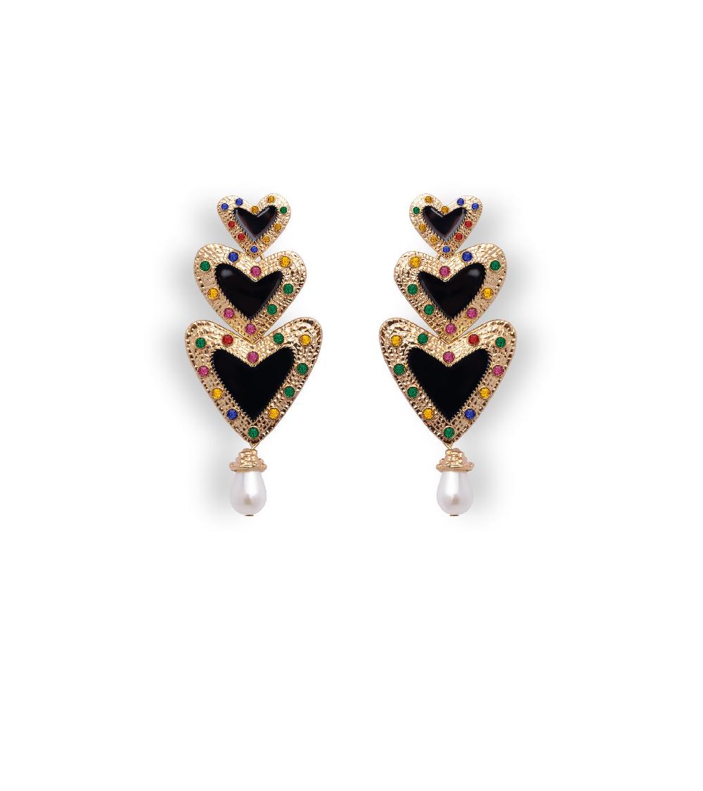 les basiles BOUCLES D'OREILLES COCO En résine noire et perles blanches montées sur laiton plaqué or 18 carats