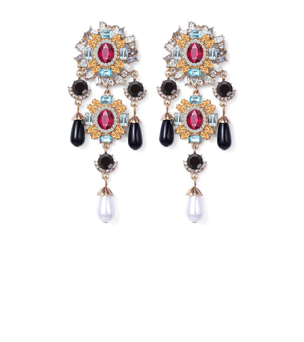 les basiles BOUCLES D'OREILLES FARNESE En cristaux multicolores montés sur laiton et rehaussé d'une perle blanche en forme de poire