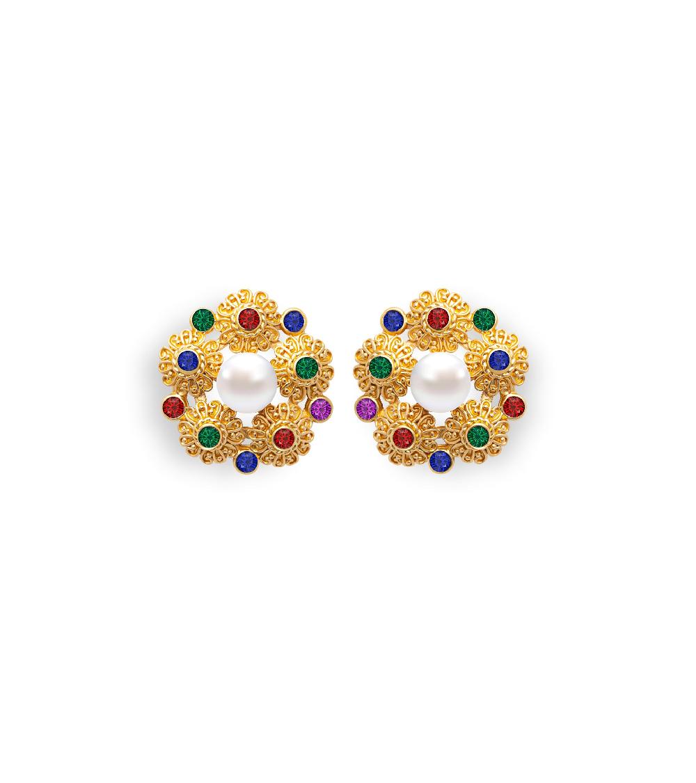 les basiles BOUCLES D'OREILLES JOY En laiton plaqué or 18 carats rehaussé d'une perle en résine et de zircons colorés
