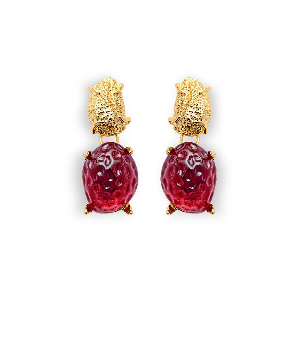 les basiles BOUCLES D'OREILLES SIDONIE En pâte de verre rouge montée sur laiton plaqué or 18 carats