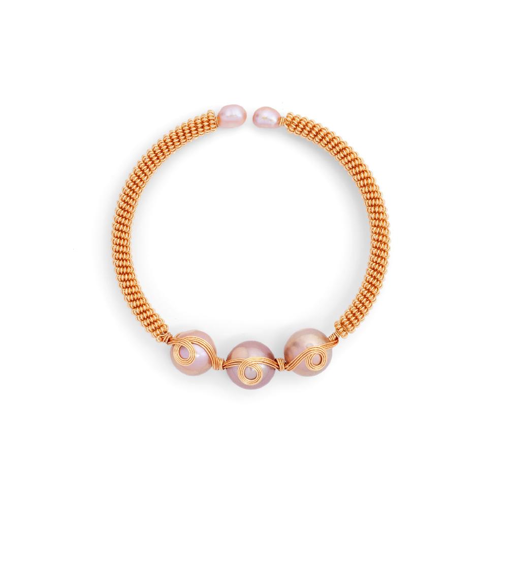 les basiles BRACELET MANCHETTE GWEN En Perles Akoya vieux-rose montées sur argent sterling 925 plaqué or 18 carats