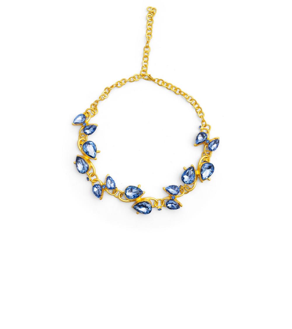 les basiles COLLIER CHRYSTAL En cristaux de verre bleu lagon montés sur laiton plaqué or 18 carats