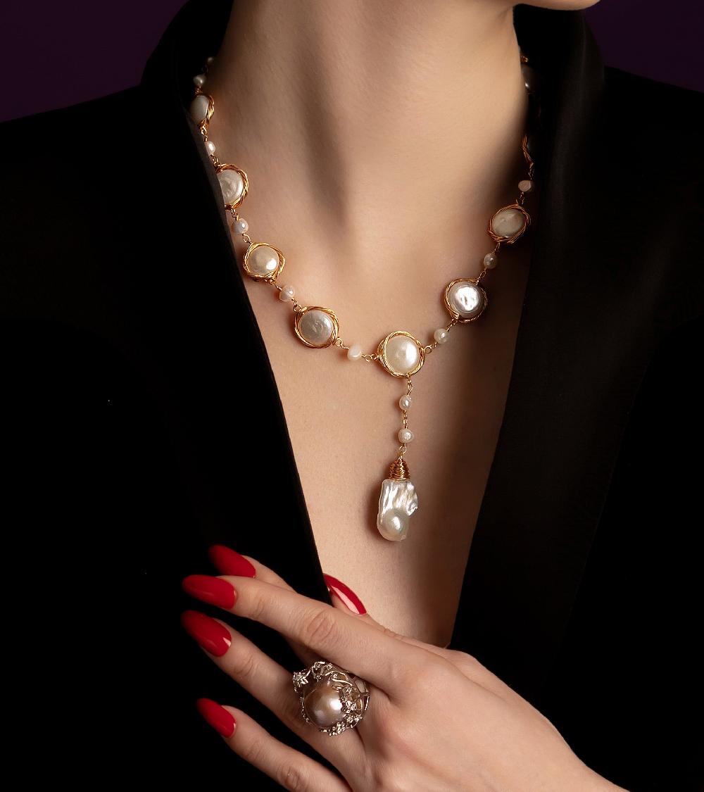 Les Basiles COLLIER DAMAS En Perles Baroques Montées Sur Fil De Vermeil